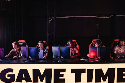 A group of diverse gamers participating in an online eSports tournament indoors.