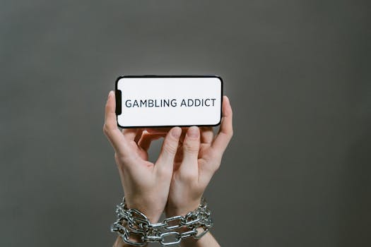 Chained hands hold a phone displaying the text 'Gambling Addict', highlighting addiction.