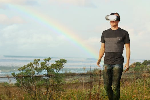 Man using VR headset walks in nature under a rainbow, showcasing modern technology outdoors.