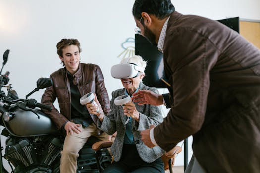 Three adults experiencing virtual reality together, showcasing technology and interaction.