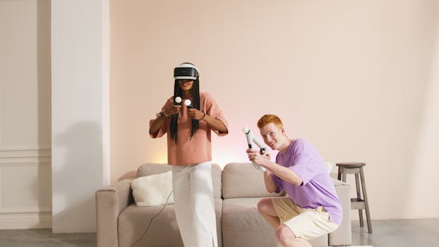 Young diverse couple using VR technology for interactive gaming indoors. Fun and recreation time.