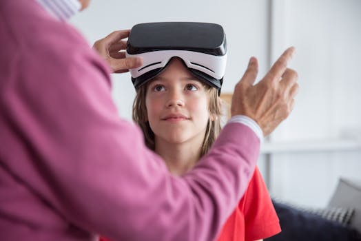 A young girl trying virtual reality goggles for the first time indoors with guidance.