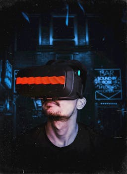 Young man immersed in a virtual reality experience using a VR headset, showcasing futuristic tech in a gaming environment.